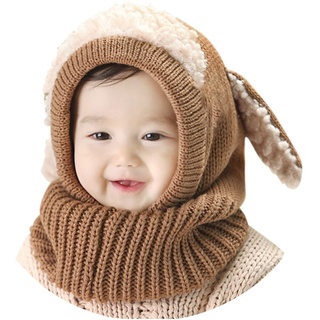 Warm Mütze und Schal Set für Jungen Mädchen 3-6 Jahre, Baby Beanie Mütze Stricken Wintermütze Warm Niedlich Hund Schlupfmütze Kinder Schalmütze Fleecefutter Strickmütze Thermische Kapuzenschal,Khaki