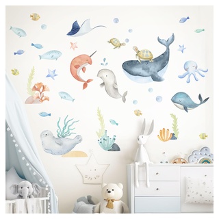 DEKO KINDERZIMMER Wandsticker Meerestiere Wal Kinderzimmer Wandtattoo Wandaufkleber Ozean Unterwasserwelt Delphin Babyzimmer Wanddeko DK1065-4