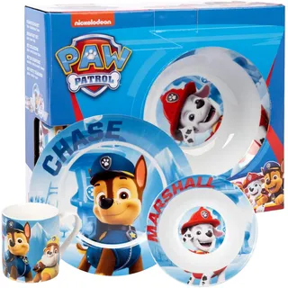 United Labels Paw Patrol 3-teiliges Geschirrset für Kinder, Blau, Frühstücksset aus Porzellan mit Teller Ø 19 cm, Tasse 220 ml und Schale 330 ml, Kindergeschirr