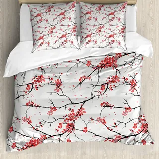 ABAKUHAUS Blume Bettbezugs Set Für Doppelbetten, Japanische Kirschblüten, Milbensicher Allergiker geeignet mit Kissenbezügen, Korallen Schwarz - Schwarz