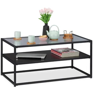 Relaxdays Couchtisch, Ablage aus MDF, Glas & Metall, modernes Design, edler Wohnzimmertisch, HBT 42x90x50 cm, schwarz