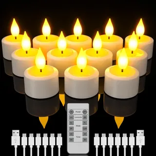 SoulBay LED Teelichter Wiederaufladbar mit Fernbedienung & Timer, 12er Set | Dimmbar Flackernd Warmweiß, 50-150 Std., H 5.5cm, USB-C Teelichter LED Aufladbar Kerzen, Wohnzimmer Halloween Weihnachtsdeko