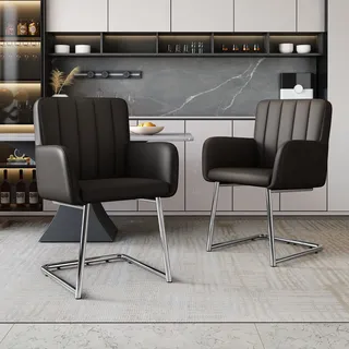 Flieks Polsterstühle 2er Set, Esszimmerstühle Freischwinger 2er Set, Besucherstühle Arbeitsstühle mit Armlehnen und Metallbeinen, PU, Schwarz Braun - Schwarz
