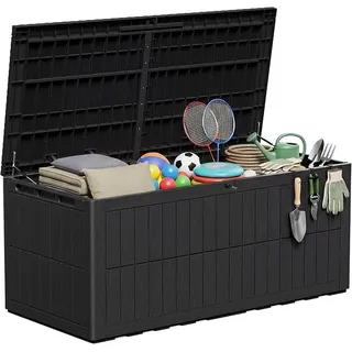 Auflagenbox 680 Liter, Gartenbox XXL Wasserdicht aus Resin, Kissenbox für Balkon, Garten & Terrasse, Aufbewahrungsbox Wetterfeste mit Gasdruckfeder, Schwarz - Schwarz