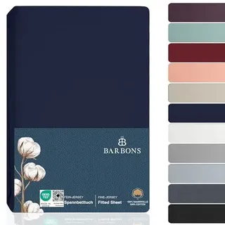 BARBONS Spannbettlaken 160x200cm - 100% Baumwolle Spannbetttuch Oeko-TEX Zertifiziert Bettlaken Jersey Bettwaren und Bettbezug für Boxspringbett und Dicke Matratzen bis 27 cm - Navy 160 x 200