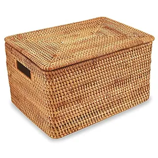 YAHOMMY Rattan-Aufbewahrungskorb, handgewebter Weidenkorb mit Deckel (38,9 cm L x 29,4 cm B x 24,1 cm H).