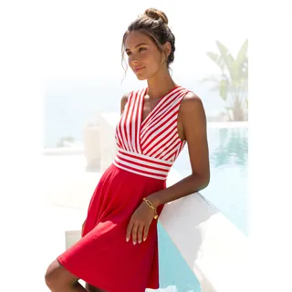 Sommerkleid LASCANA "mit Streifenprint, bügelfreie Qualität, maritim", Damen, Gr. 42, N-Gr, weiß (weiß, rot gestreift), Single Jersey, Obermaterial: 95% Polyester, 5% Elasthan, gestreift, unifarben, figurumspielend kniefrei, tiefer V-Ausschnitt, Kleider Sommerkleid, tailliertes Minikleid, Streifenkleid, elegantes Strandkleid, casual, Topseller