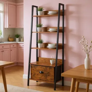 FurnitureR Esszimmer Glasvitrinen-Regal Leiterstil 42x29x141 cm, 5 Ebenen, Stoffschublade, 12 mm Holzplatten & 20 mm Metallrahmen, 7,5 cm Rückwand, Elegantes Präsentationsmöbel