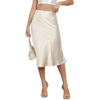Alcea Rosea Damen Satin Seidenrock A-Linie Hoch tailliert Elegant Elastisch Midi Party Rock AR1212AR1212 (ChampagnerDE, M)