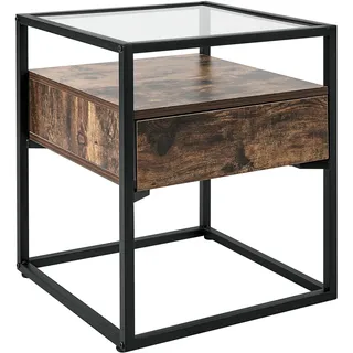 Beliani Beistelltisch dunkler Holzfarbton und Schwarz, MDF-Platte Sicherheitsglas Metallgestell 43 x 43 cm Schublade quadratisch Schlafzimmer Wohnzimmer, - Braun, Schwarz