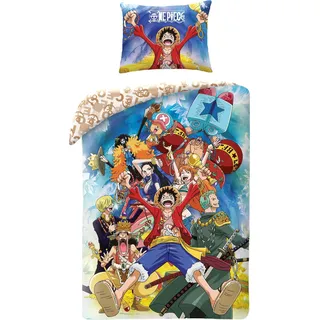 Halantex One Piece Monkey D. Luffy und verschiedene Charaktere – Bettbezug 140 x 200 cm mit Kissenbezug 70 x 90 cm – 100 % Polyester, mehrfarbig