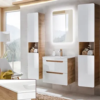 Badezimmermöbel Set LUTON-56 Hochglanz weiß mit Wotan Eiche Nb., B/H/T ca. 160/200/46 cm - Weiß