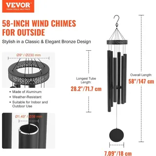 Windspiele für den Außenbereich 1473 mm Aluminium-Gedenk-Windspiele mit tiefem Klang - Schwarz
