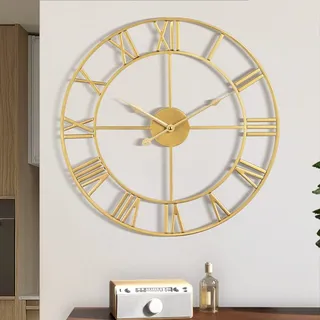 Maxstar Moderne römische Ziffern große Wanduhren,Vintage,Leichtes Tickende Runde Metall stille Wanduhr für Wohnzimmer,Küche,Schlafzimmer,Garten Dekor-golden 47cm