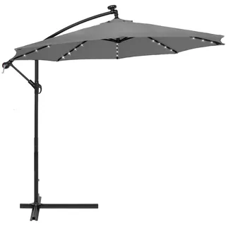 Springos® Ampelschirm mit LED Solarbeleuchtung Kurbel Sonnenschirm XXL Schattenspender Durchmesser 300 cm großer Gartenschirm mit Bezug - Grau