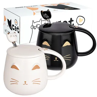 2er-Pack süße Katzenbecher,Katze-Kaffeetasse-Set mit Deckel und Löffel,Neuartiges Morgentee-Milchbecher-Set für Katzenliebhaber,Mädchen Frauen,Weihnachtsgeburtstagsgeschenk 380ML Weiß und Schwarz