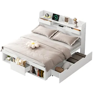 Okwish Doppelbett 140/190 cm Weiß mit USB-Port und Schubladen , Holz , 140x190 cm , Babymöbel & Kindermöbel, Kinderzimmer & Jugendzimmer, Kinderbetten