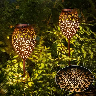 Görvitor LED Solarlampen für Außen Garten 2 Stück, Metall Solarleuchten für Außen mit IP65 Wasserdicht, Warmweiß Orientalische Gartenleuchten Solar mit Erdspieß für Terrasse Blumenkasten Balkon