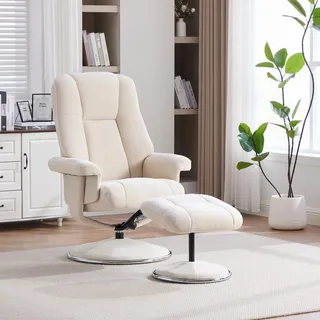 STILVORA Relaxsessel drehbar mit Hocker aus Chenille-Stoff und Vollmetallsockel, Sessel mit stoffbezogener Basis, Loungesessel im nordischen Design stabil - Beige