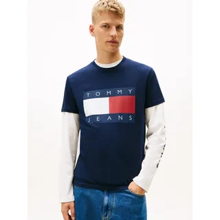 T-Shirt TOMMY JEANS, Herren, Gr. L, schwarz night navy, Single Jersey, Obermaterial: 100% Baumwolle, bedruckt, unifarben, regular fit normal, Rundhals, abgesteppte Kante, Shirts T-Shirt, Rundhalsausschnitt, Regular Fit, Logo-Druck