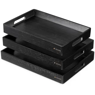 Navaris Serviertablett Tablett aus Bambus - 3x Servierplatte Frühstückstablett stapelbar - rechteckig für Snacks Vorspeisen Kaffee Getränke