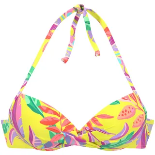 Push-Up-Bikini-Top S.OLIVER "Mallorca", Damen, Gr. 38, Cup B, gelb (gelb, bedruckt), Recycling-Polyamid, bedruckt, Bikini-Oberteile Push-Up-Bikini-Top, in Wickeloptik