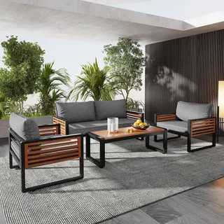 Merax Gartenlounge Set 4-tlg. Terassenmöbel mit Eisenrahmen, Gartenmöbel aus Akazie, Balkonmöbel mit Kissen, Garten-Garnitur Sitzgruppe für 4 Personen - Grau