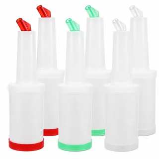 BESTonZON Saftflaschen 1L mit Ausgießer & Deckel – 6 Bunte Kunststoff Flaschen Set zum Befüllen, Lagern, Mischen von Saft, Sirup, Cocktails & Dressing