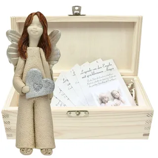 butterfly Engel Figur für Innenbereich Deko Silber Herz Handarbeit Schutzengel Keramik Natur Holz Box Geschenk Taufe Kommunion Geburtstag