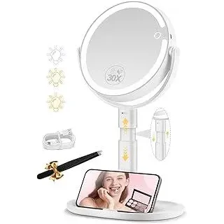 MOMOKUBA Kosmetikspiegel mit Beleuchtung, Schminkspiegel mit Beleuchtung Höhenverstellbarer, Vergrößerungsspiegel mit Licht 30-Fach, Doppelseitig 360° Drehbar, 3 Farbiger Rund Spiegel mit Licht Weiß