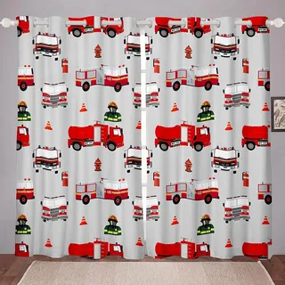 Loussiesd Kinder Feuerwehrmann Fenstervorhang 175x140cm Jungen Feuerwehr Feuerwehrmann Blickdichte Vorhänge Rotes Feuerwehrauto Fahrzeug Muster Vorhänge für Mädchen Schlafzimmer Dekor