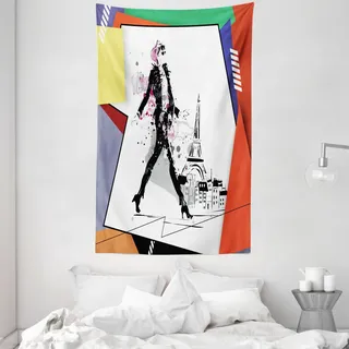 ABAKUHAUS Eiffel Wandteppich und Tagesdecke, Turm Gehen Girlrt aus Weiches Mikrofaser Stoff Waschbar ohne Verblassen Digitaldruck, 140 x 230 cm, Orange - Orange