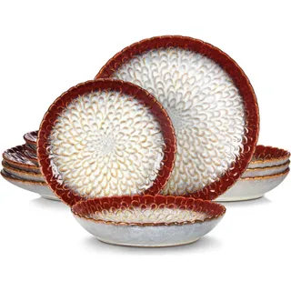 Happyment Luxus Geschirrset – 4 Personen – Porzellan – 12-teilig – Tafelservice – Rot - Rot