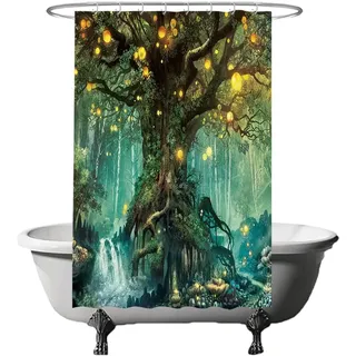 Ulticool Duschvorhang - Märchen Elfenbaum Magie Wald Natur - 120 x 180 cm – Waschbar – Wasserdicht - Anti Schimmel - mit 8 Ringe - Grün Gelb
