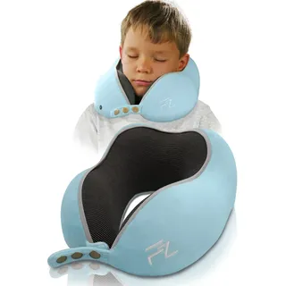 FLOWZOOM Nackenkissen für Kinder ab 6 Jahre - einstellbares Memory Foam Kinder-Nackenhörnchen mit weichem, atmungsaktivem & waschbarem Bezug - inkl. Tranportbeutel - Blau, Größe M (ab 6 J.)