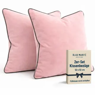 Blau Marité Kissenbezüge 50x50 cm – 2er Set aus weichem Samt – Dekokissen mit kontrastierendem Rand – Rosa & Grau – Ohne Füllung