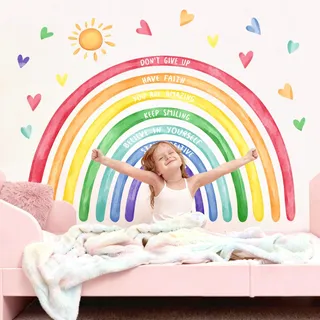 Tanlaby Wandtattoo Regenbogen Groß mit Sprüche Motivierend, Wandaufkleber Regenbogen Sonne Herzen, DIY Wandsticker für Mädchen Kinderzimmer Babyzimmer Schlafzimmer Klassenzimmer Wanddeko