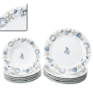 Neptun 12tlg Tafelservice maritime Speiseteller Suppenteller Porzellan 6 Pers - Weiß, Blau, Beige