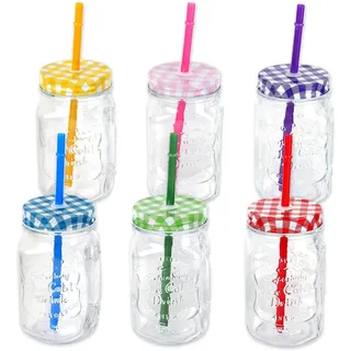 Schramm® 6 Stück Trinkgläser 500 ml mit Strohhalm wiederverwendbar Glas Gläser Einmachgläser mit 12 Deckeln wählbar in Silber, Bronze, schwarz und bunt Aufbewahrungsglas, Farbe:farbig