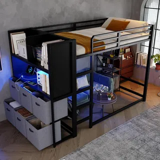 STILVORA Metallbett 120x200 cm mit Leiter und Stauraum, Hochbett mit Stoffschubladen, Bett mit Beleuchtung und Ladestation, Hochbett mit Ablage