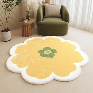 AIMECO Kleiner Kinderteppich Rund 80CM Gelb Blumen - Weicher Kuscheliger Teppich für Kinderzimmer Mädchen Schlafzimmer, Dünn & Pflegeleicht
