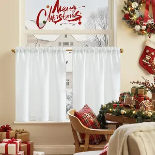 TOPICK Scheibengardine Leinenoptik Bistrogardine Uni Kurzer Küche Vorhänge Gewebe Gitter Lichtfilterung Paarig Schals für Wohnzimmer Landhaus Kleine Fenster 90x60cm Weiß 2er Set