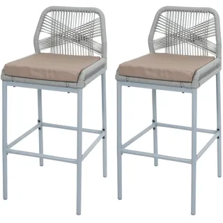 Mendler 2er-Set Rope-Barhocker HWC-O21, Outdoor Sitzpolster Seilgeflecht Metall hellgrau, Kissen taupe