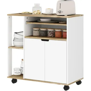 Redom Kücheninsel 80/40/82 cm mit Rollen, verstellbarem Regal und Schrank, Naturholz/Weiß , Holz , 80x82x40 cm , Küchen, Küchenmöbel, Kücheninseln