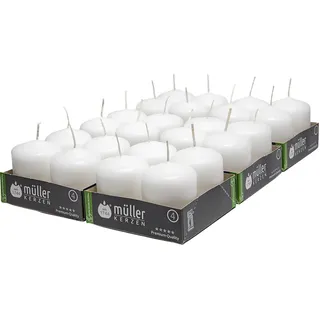 Müller Stumpenkerzen - Set mit 24 Säulenkerzen - Farbe Weiß - Durchmesser 5 cm, Höhe 6 cm - Lange Brenndauer: 10 stunden - Tropffrei Wachskerzen, Geruchlos - RAL Qualität