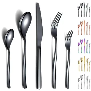 Berglander Besteck-Set schwarz 30-teilig, stabiles Edelstahl-Besteck-Set schwarz titanbeschichtet rostfrei, Gabeln und Löffel spülmaschinenfest