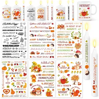 DPKOW Herbstdeko, 6 Blatt Herbst Kerzen Tattoo Folie, DIY Wasserschiebefolie Herbst Dekoration Kerzen Herbst Kerzenfolie Autumn Herbst Kerzentattoos Herbst Kerzen Aufkleber, Herbst Basteln für Kinder