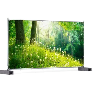 Wallario XXL Outdoor-Poster für Garten oder Balkon, Motiv Pusteblumen im Wald mit einfallenden Sonnenstrahlen, in ca. 340 x 173 cm - Grün