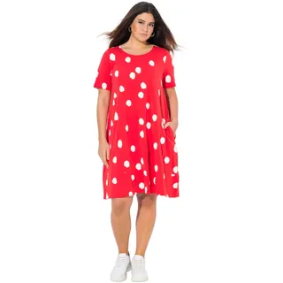Ulla Popken Damen Midikleid, Punkte, A-Linie, Taschen, Rundhals, Halbarm Jersey-Midikleid mit kleinem Volant am Saum, Punktedruck