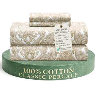 Feather & Stitch Weichste Bettwäsche aus 100% Baumwolle, 4-teiliges Set, Fadenzahl 300, Perkal-Bettwäsche, 40,6 cm Tiefe Tasche, kühlende Bettlaken, atmungsaktives Bettwäsche-Set (Queen,